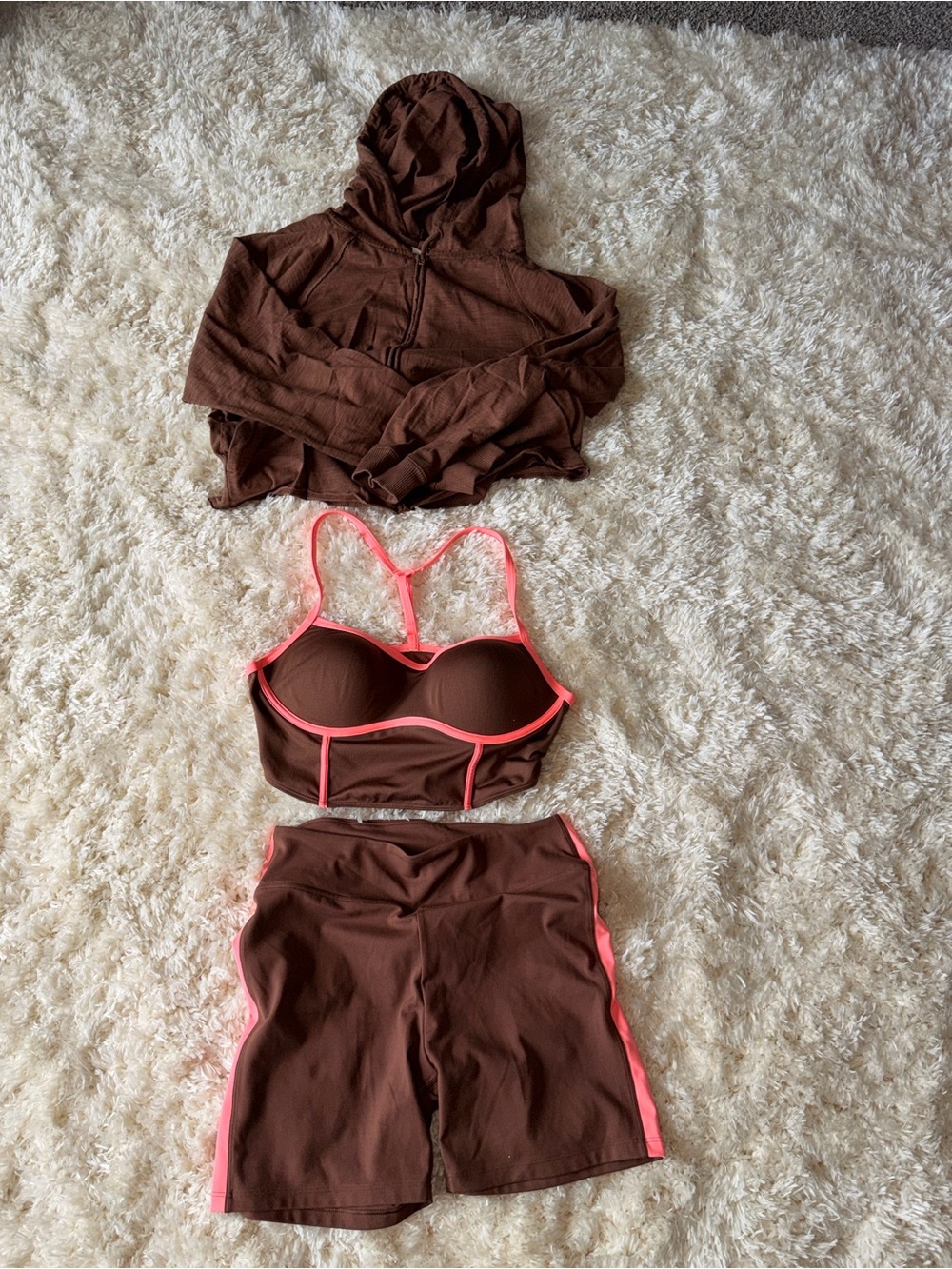 PINK Victoria's Secret Brown Crop Top & Bike Shorts Set with Pink Trim
